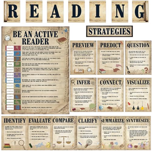 21Pcs Reading Strategies Posters Reading Bulletin Board Decoration Vintage Read Corner Posters Retro Bulletin Board Decorations for Elementary Middle High School Library Wall Decor Teacher Supplies - color: Vintage