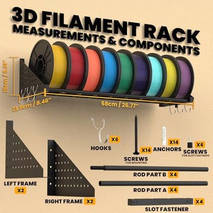 3D Printer Filament Storage Bundle – Vacuum Storage Bags Kit with Pump & Desiccants + Wall Mount Filament Rack Holds 18 Spools, Heavy Duty Pegboard Organizer for 3D Printer Accessories