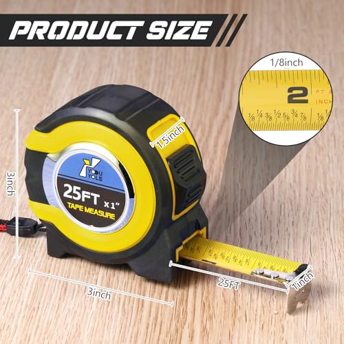 Youyole 10 Pack Tape Measure with Fractions 1/8 Steel Measuring Tape Retractable Easy Read Measurement Ruler Steel Power Blade (25 ft X 1 in,Yellow) - color: Yellow