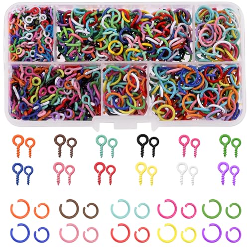 1200Pcs 8mm 10mm Colorful Mini Screw Eye Pins & Open Jump Rings Kit