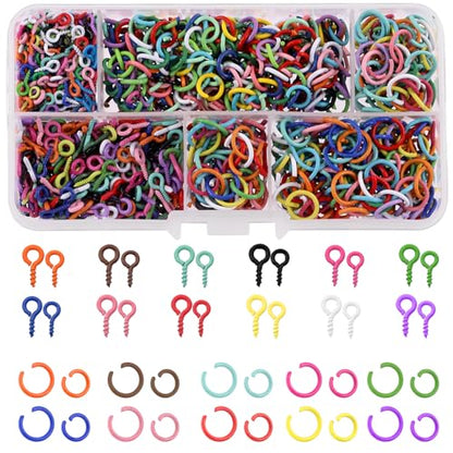 1200Pcs 8mm 10mm Colorful Mini Screw Eye Pins & Open Jump Rings Kit