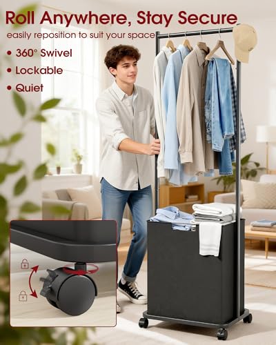 Sakugi Laundry Clothes Rack with Basket & Wheels, 16.6x12.6x68.9, Black