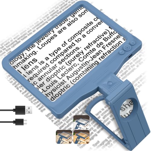 30X 6X Rechargeable Magnifying Glass for Reading, Large Full Page Magnifier with Folding Stand, 3 Color Light Modes, Dimmable LED Lighted, Hands Free Book Magnifier for Low Vision Seniors, Blue - color: Blue