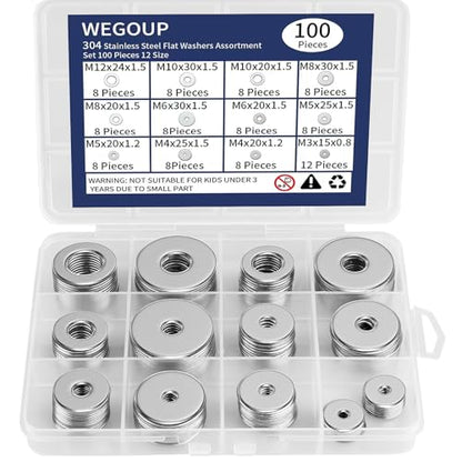 WEGOUP 100Pcs Flat Washers for Screws, 304 Stainless Steel M3-M12 Assorted - size: 12 Sizes 100 Pieces