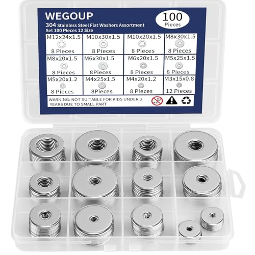 WEGOUP 100Pcs Flat Washers for Screws, 304 Stainless Steel M3-M12 Assorted - size: 12 Sizes 100 Pieces