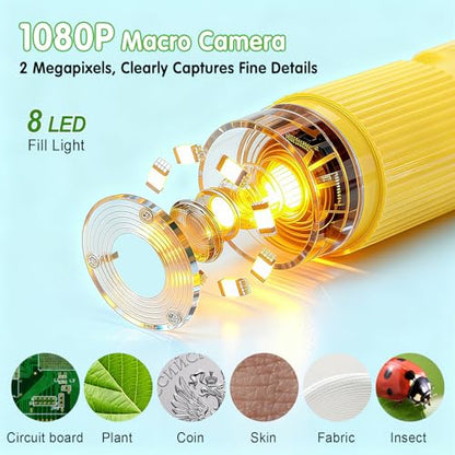 Microscope for Kids with 5 Slides, Adjustable 2.4inch IPS LCD Screen 1000X 1080P 32GB Card Digital Handheld Kids Microscope, Mini Portable Pocket Miniscope Science Toys Gifts for Boys Girls Aged 3-12 - color: Yellow