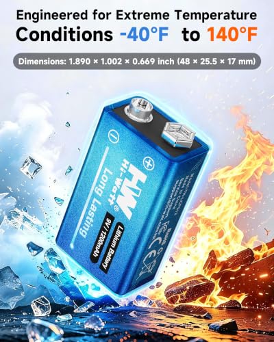 HW 9V Batteries 1200mAh 8 Pack, Lithium for Smoke Detectors -40°F to 140°F