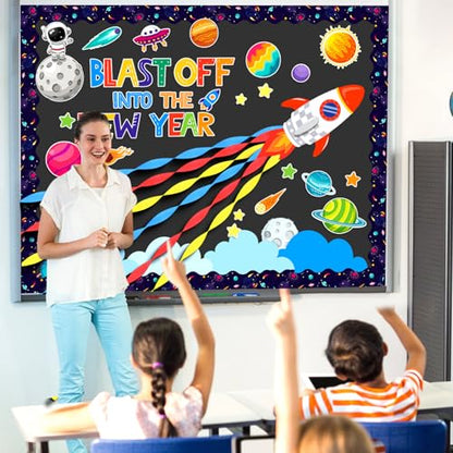 Pasimy Outer Space Bulletin Board with Crepe Paper Streamers 3D Space Themed Classroom Decor Galaxy Stars Planet Astronaut Cutouts for Back to School First Day of School Supplies Chalkboard Wall Decor