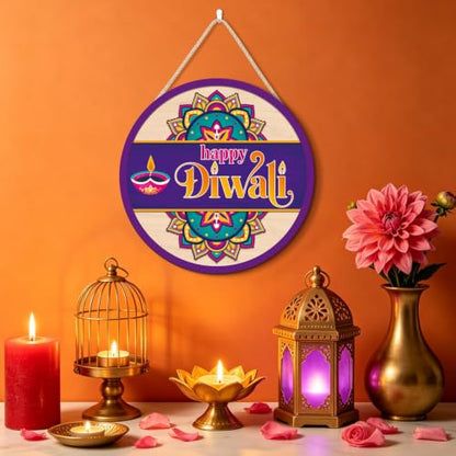 HLNIUC Happy Diwali Mandala Round Sign Diya Oil Lamp Wooden Door Hanger - color: Diwali 3