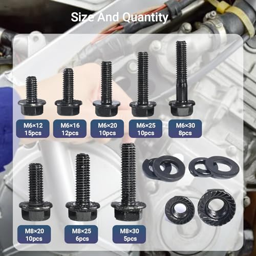 304Pcs Metric Flange Bolt and Nut Assortment, M6x1.0, M8x1.25 (12mm to 30mm) Assorted Hex Bolts and Nuts Washers Kit for Automotive, 10.9 Black Zinc Galvanized