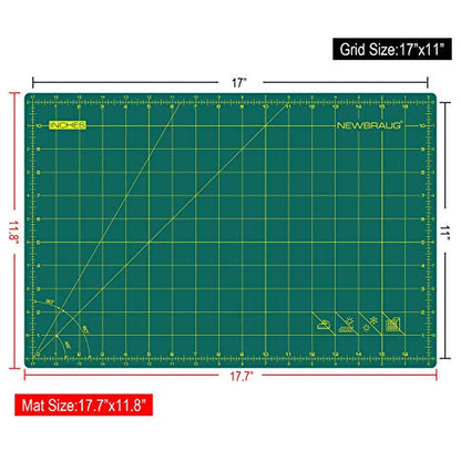 NEWBRAUG 12'' × 18'' Durable Self Healing Cutting Mat, Double Sided 5-Ply PVC Cutting Board, for Quilting, SewingArts, Craft, Fabric & Scrapbooking(Green/Black) - size: 18"L x 12"W