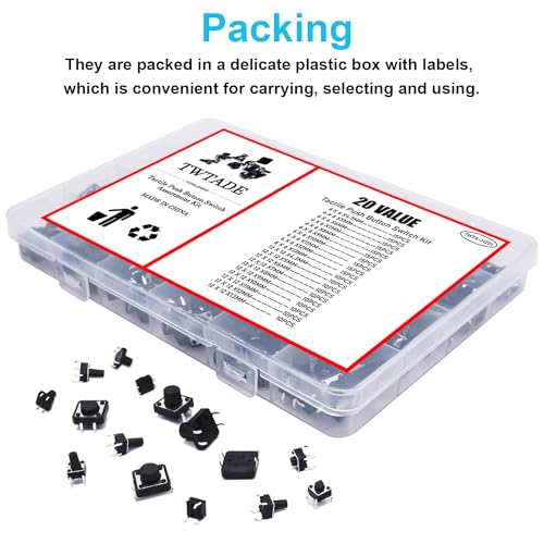 TWTADE 250PCS 4 Pin Momentary Micro Tactile Push Button Switch 20 Values 6 x 6mm and 12 x 12mm Tact Switch Assortment Kit QC-20V-4P - color: Black-4 Pin/250Pcs