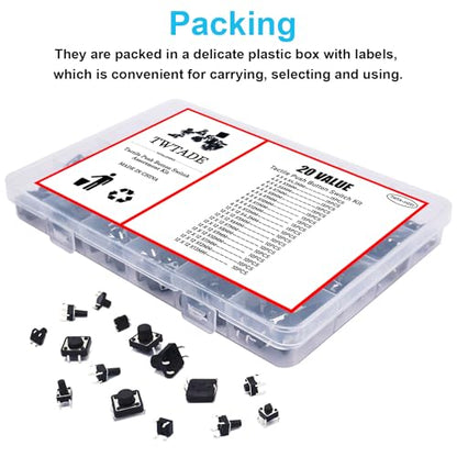 TWTADE 250PCS 4 Pin Momentary Micro Tactile Push Button Switch 20 Values 6 x 6mm and 12 x 12mm Tact Switch Assortment Kit QC-20V-4P - color: Black-4 Pin/250Pcs