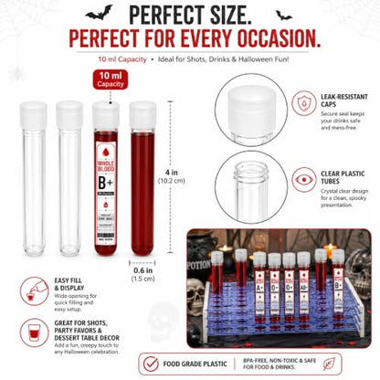 Havawish 50 Pcs Halloween Blood Type Kit 10ml Test Tubes with Rack Sticker