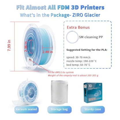 ZIRO 3D Printer Filament, Fast Color Change PLA 1KG 1.75mm Spool, Glacier - color: Glacier(matte)