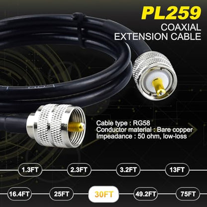 CB Coax Cable 30FT, RG58 Coaxial Cable UHF Male to UHF Male 50 Ohm - color: 1-Pack PL259 Cable, size: 30ft