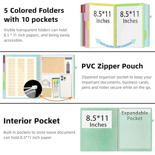 Ospelelf Leather Clipboard Folders with with Storage Zipper Pouch, Spiral Clipboard Folio with Notepad for Letter Size, 5 Folders with 10 Pockets, 39 Divider Label Stickers (Light Green) - color: Light Green