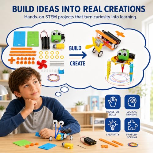 NewFamily 6-in-1 STEM Robot Building Kit, DIY Science & Engineering Project Set with Reptile Robot, Balance Car, Bubble Machine, Fiber Optic Lamp and Buzzer Wire Game