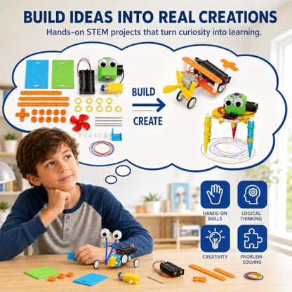 NewFamily 6-in-1 STEM Robot Building Kit, DIY Science & Engineering Project Set with Reptile Robot, Balance Car, Bubble Machine, Fiber Optic Lamp and Buzzer Wire Game