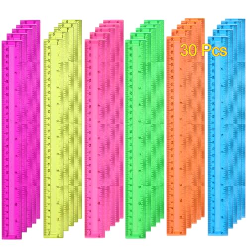 30PCS Clear Ruler, 12 Inch Plastic Rulers for School, Home, or Office, Clear Plastic Rulers, Assorted Colors.