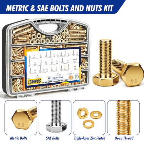 1359Pcs Hex Bolts and Nuts Assortment Kit, 304 Stainless Steel 1/4-20, 5/16-18, 3/8-16, 1/2-13 Machine Screws Set, Grade 8.8 M4 M5 M6 M8 M10 Metric Bolt Nuts and Washers Kit Assortment - color: yellow zinc plated