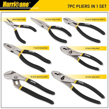 HURRICANE 7-Piece Pliers Set – 8" Water Pump, 8"/6" Slip Joint, 7" Linesman, 6" Diagonal, 6" & Mini Long Nose, Carbon Steel, Anti-Slip Double-Dipped Handle for Home, DIY, Automotive - size: 7 pcs