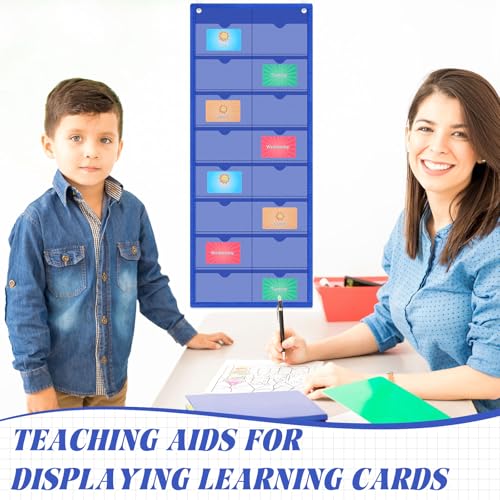 AmazingSpark 2 Pack 3'' x 5'' Index Card Holder Sleeve 16 Slot Plastic Organizer Hanging Wall Mount Business Note Cardholder PVC Clear Organizer Pocket for Classroom Office Library Home (Blue) - color: Blue