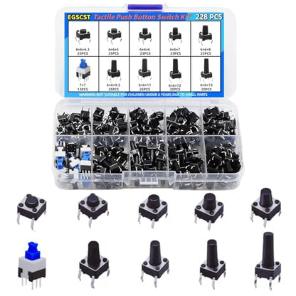 228PCS 10 Values 6x6mm & 7x7mm Tactile Push Button Switch Assortment Kit 4 Pins Micro Momentary Tact Pushbutton Switches Set - style: 228 PCS 10 Values