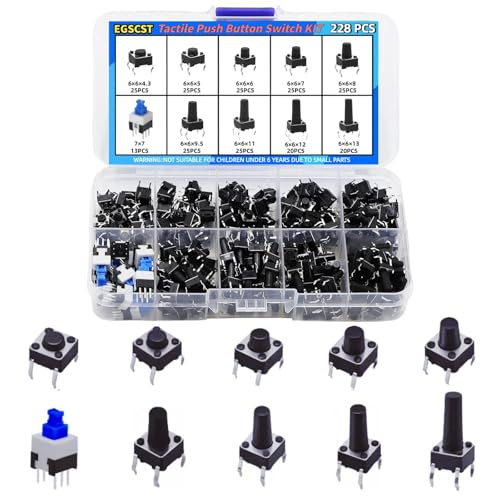 228PCS 10 Values 6x6mm & 7x7mm Tactile Push Button Switch Assortment Kit 4 Pins Micro Momentary Tact Pushbutton Switches Set - style: 228 PCS 10 Values