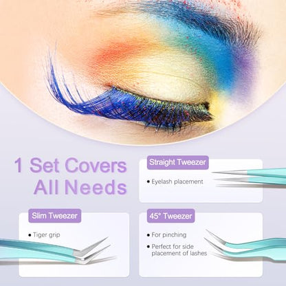 MORGLES 5 PCS Lash Tweezers Set for Eyelash Clusters - color: Green