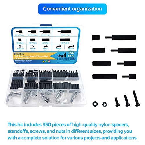 350PCS M2 Black Male Female Nylon Hex Spacer Standoff Screw Nut Set Assortment Kit (Black) for PCB Motherboard Circuit Board - size: 350Pcs M2