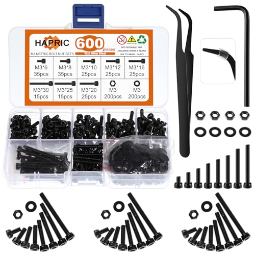 Hapric 600 Pcs M3 Screws Assortment Kit, M3x 6-30MM Bolts Kits - color: Black, size: M3x6mm-30mm 600Pcs