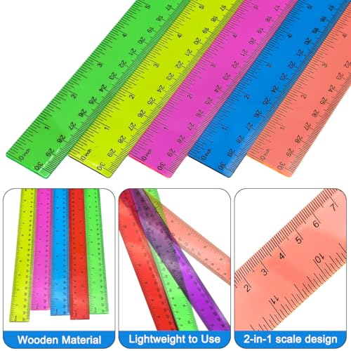 10 Pack Combo Rulers Kit, 12 Inch/30 cm, 5 Wooden Rulers + 5 Clear Plastic Rulers in 5 Colors, Shatterproof Transparent Ruler with Inches and Centimeters for School Classroom Office Home