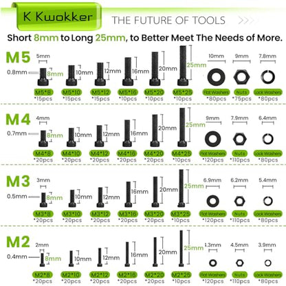 M2 M3 M4 M5 Hex Socket Bolt & Nut Assortment Kit, 1574Pcs - size: H. M2 M3 M4 M5