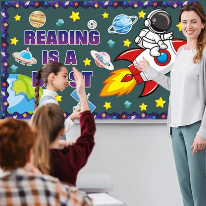 Outer Space Astronaut Bulletin Board Decorations Space Theme Classroom Bulletin Board Set Galaxy Borders Reading is A Blast Adventure Star Cutouts Back to School Preschool Chalkboard Wall Supplies - style: Outer Space