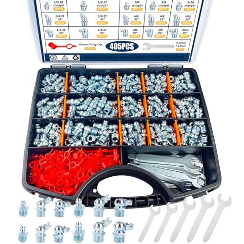 Grease Fittings Kit, 405Pcs SAE & Metric Grease Fitting Assortment, NPT 1/4" 1/8" M6 M8 M10 Straight 45 90 Degree Grease Zerk Fittings with Caps and Wrench Kit(7-11Mm) for Grease Gun - size: 405PCS SAE&Metric Assortment