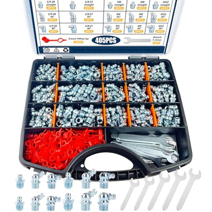 Grease Fittings Kit, 405Pcs SAE & Metric Grease Fitting Assortment, NPT 1/4" 1/8" M6 M8 M10 Straight 45 90 Degree Grease Zerk Fittings with Caps and Wrench Kit(7-11Mm) for Grease Gun - size: 405PCS SAE&Metric Assortment