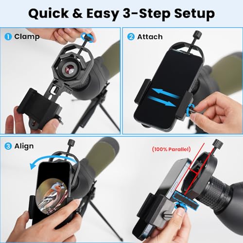3-Axis Spotting Scope Phone Adapter & Telescope Phone Mount, Universal Spotting Scopes Phone Mount for Astronomy Binoculars & Spotting Scope, Fits 30-57mm Eyepieces