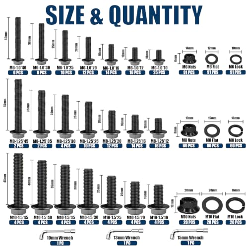 716PCS Metric Flange Bolt Kit with Wrench, Hex 10.9 Black Zinc - color: Black KIT -716PCS