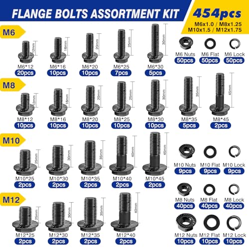 454 pcs Metric Flange Bolt Assortment Kit- Grade 10.9 M6 M8 M10 M12 Nuts and Bolts Assortment Kit, Black zinc Plating Hex Bolts and Nuts Washers,Metric Bolt Assortment for Automotive - color: Black-454PCS M6 M8 M10 M12