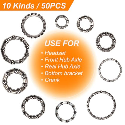VANSIHO Bicycle Ball Bearing Kit, Steel Caged Retainers, 50 Pieces in 10 Sizes 4-8mm, Grey, Professional Grade for Headset Hub Crankset Repair