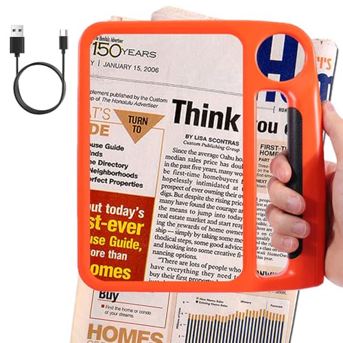 5X 10X Full Page Magnifying Glass for Reading, Rechargeable with 48 Adjustable LED Lights & 3 Light Modes, Comfort-Grip & Lightweight Handheld Magnifier for Seniors, Reading Aid, Low Vision(Orange) - color: Orange