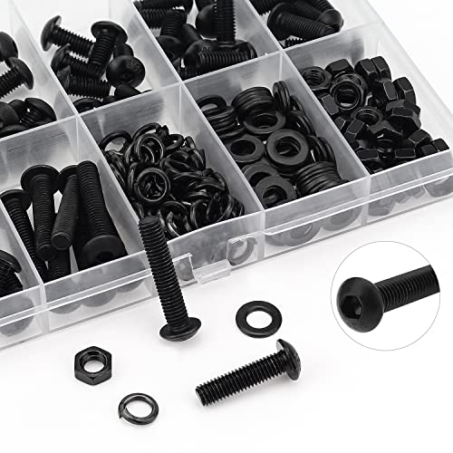 HELIFOUNER 240 Pieces M5 x 6mm /8mm /10mm /12mm /16mm /20mm /25mm, Button Head Socket Cap Screws Bolts Washers Nuts Kit, 10.9 Grade Alloy Steel, Full Threaded, Black - size: M5, style: Button Head
