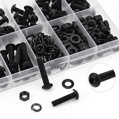 HELIFOUNER 240 Pieces M5 x 6mm /8mm /10mm /12mm /16mm /20mm /25mm, Button Head Socket Cap Screws Bolts Washers Nuts Kit, 10.9 Grade Alloy Steel, Full Threaded, Black - size: M5, style: Button Head