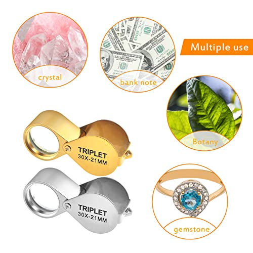 2 Pack 30X 21mm Small Pocket Triplet Jewelry Loupe Metal Folding Magnifying Glass Jewlers Loop with Attached Rope Straps Eye Glass Magnifier for Gems Coins Maps Stamps Currency Detect