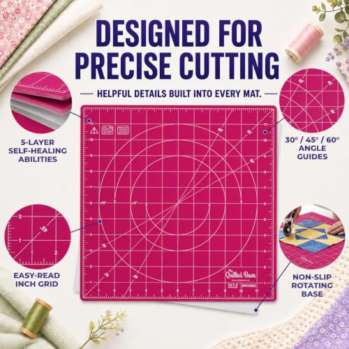 The Quilted Bear Rotating Cutting Mat 18" x 18" - Square 360° Rotating Self Healing Mat with Innovative Locking Mechanism for Quilting & Sewing Your Choice of Colours Available! (Pink) - color: Pink, size: 18"L x 18"W