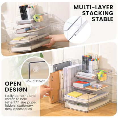 CiWiVOKi Desk Organizer with 2 Vertical File Holder, 4 Tier Stackable Paper Letter Tray File Organizer with 5-Compartments Pen Holder, Clear Desktop Organizer Office Organization and Storage