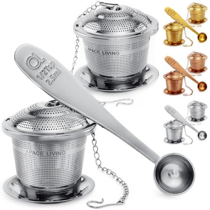 Tea Infuser Set of 2 with Tea Scoop & Drip Trays, Loose Leaf Tea Strainer - color: Silver, size: Medium