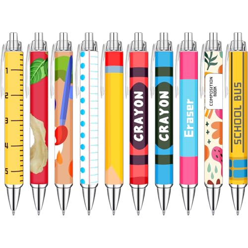 Teacher Appreciation Week Ballpoint Pens Set of 10 – Colorful Crayon-Inspired Teacher Theme Pens with Classroom Supply Designs – Smooth Black Ink Pens for Classroom, Office, and Thank You Gifts - color: Chalk Teacher