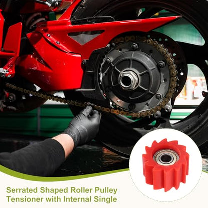 PATIKIL 8mm Serrated Shaped Roller Pulley Tensioner Chain Roller Pulley Red - color: Red